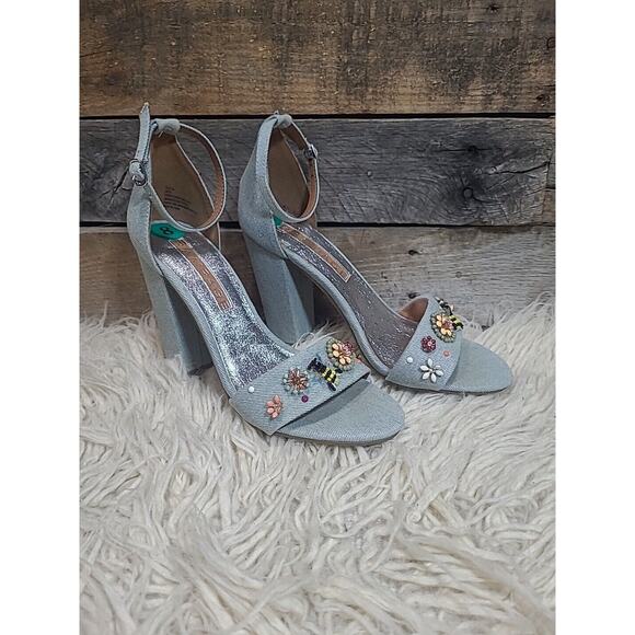 Rampage Skye Sandal Heels Denim Bee Flower Embellished Beaded Ankle Strap Size 8 - Picture 1 of 10
